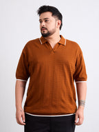 Flat Knit Half Sleeve Polo Ribbed T Shirt  - Rust - Style 138-Rust