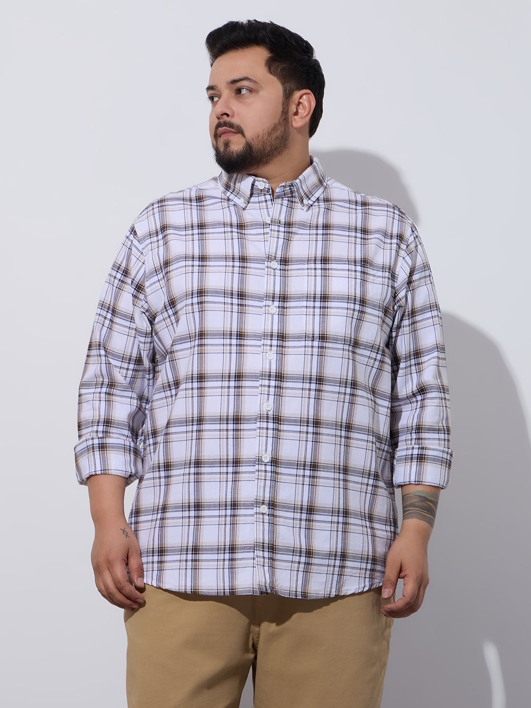 Plus Size Cotton Checks Shirt 1 Pocket Regular Fit Smart Casual Shirt, Style- Plus-1265-white