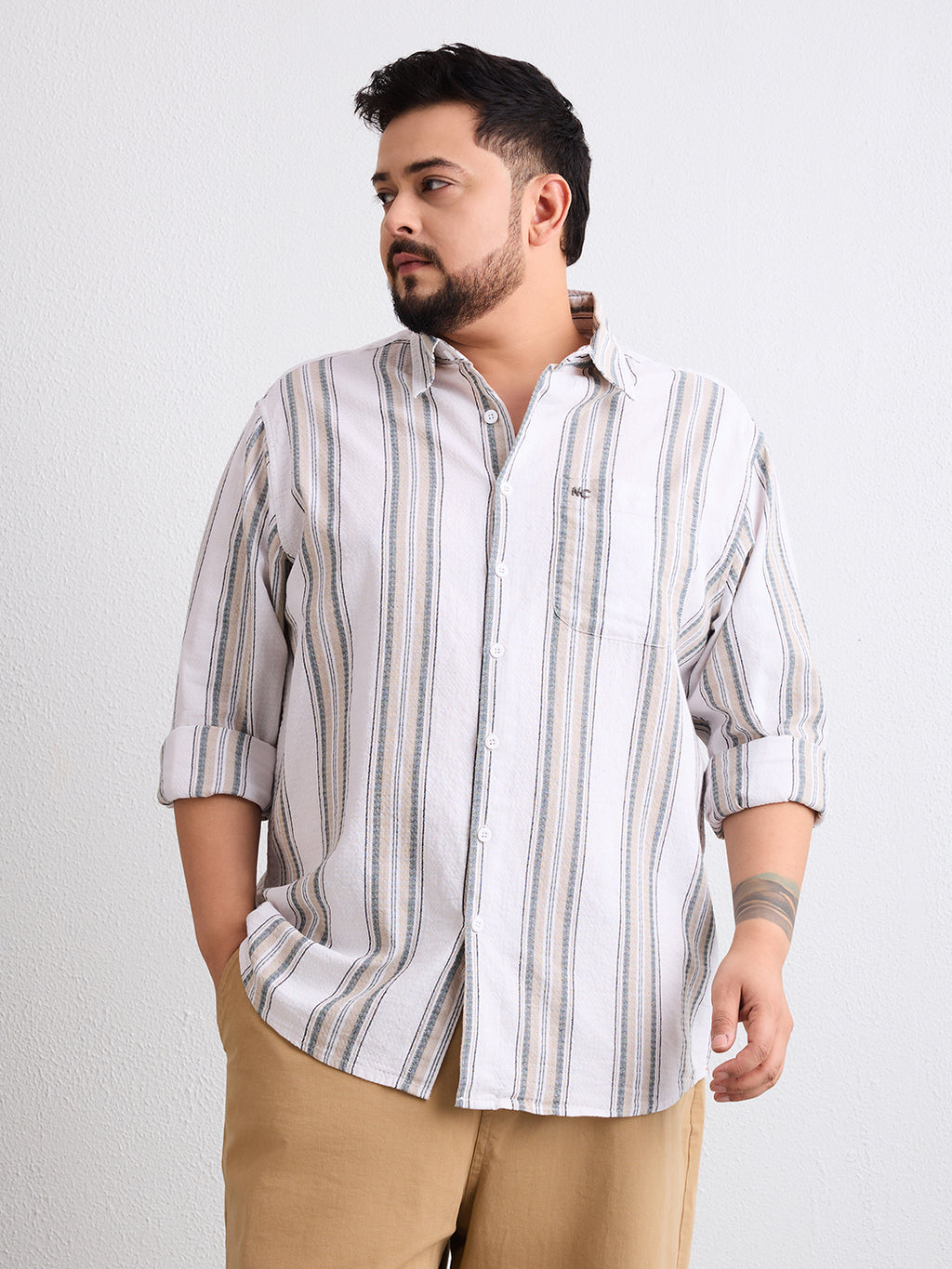 Plus Size Cotton 1 Pocket Regular Fit Smart Casual Shirt  - Beige - Style 1269