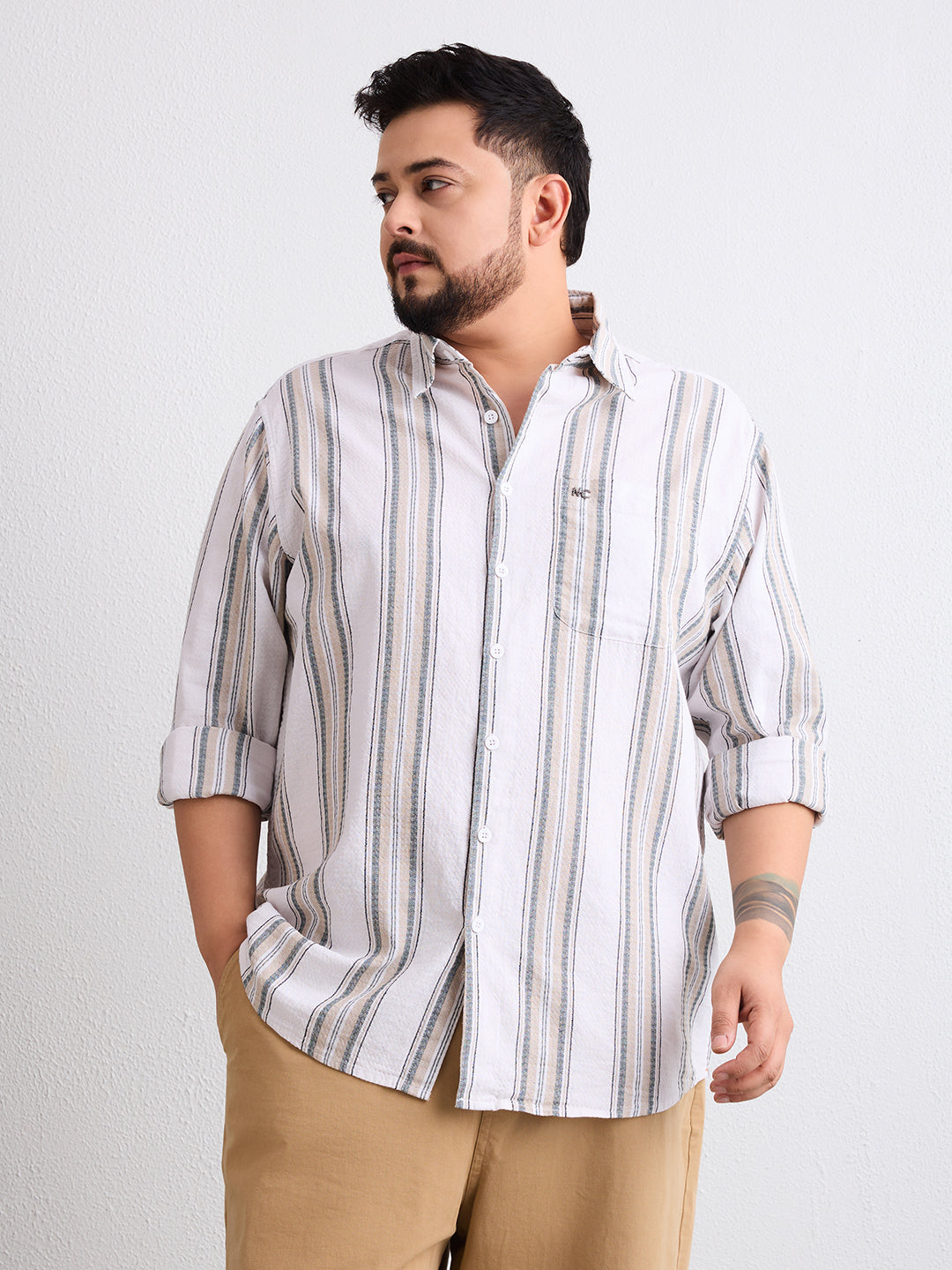 Plus Size Cotton 1 Pocket Regular Fit Smart Casual Shirt  - Beige - Style 1269