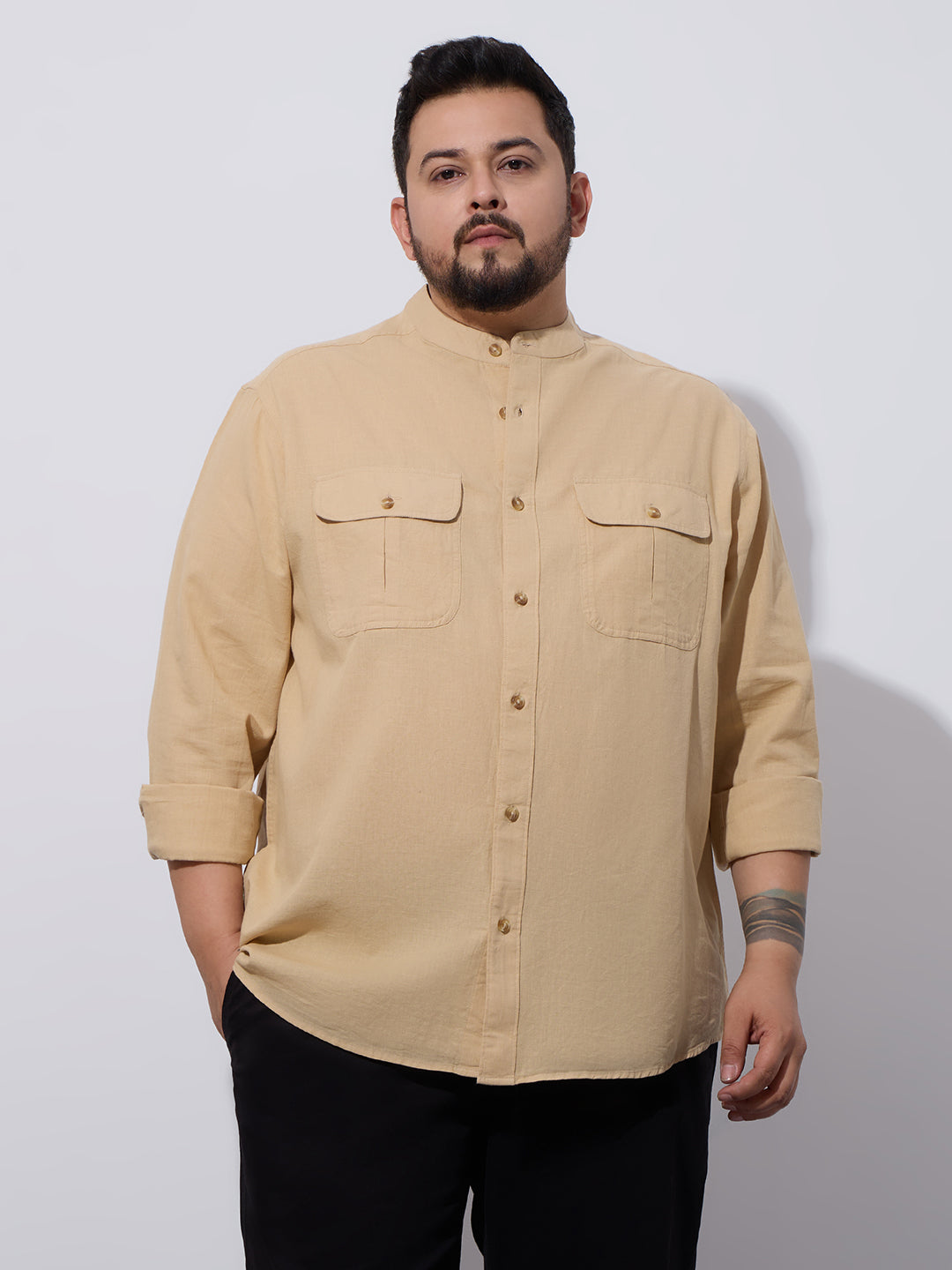 Plus Size Cotton Linen Shirt 1 Pocket Regular Fit Smart Casual Shirt, Style- Plus-2k53-HoneyGold