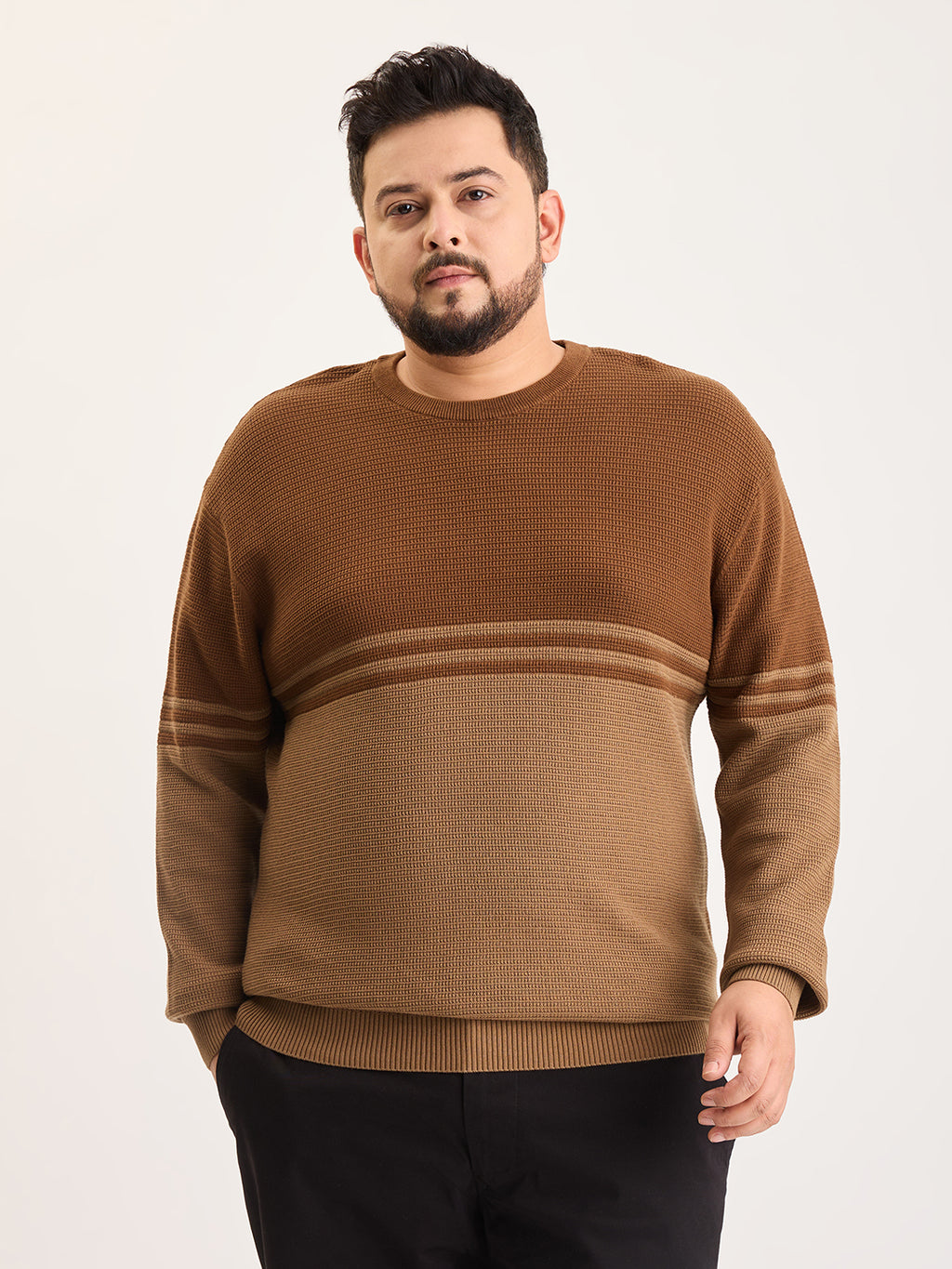 Flat Knit Full Sleeve Polo Ribbed T Shirt  - Brown - Style 135