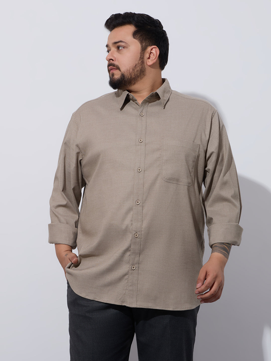Plus Size Cotton Oxford Lycra Shirt 1 Pocket Regular Fit Smart Casual Shirt, Style-Plus-2k52-khaki