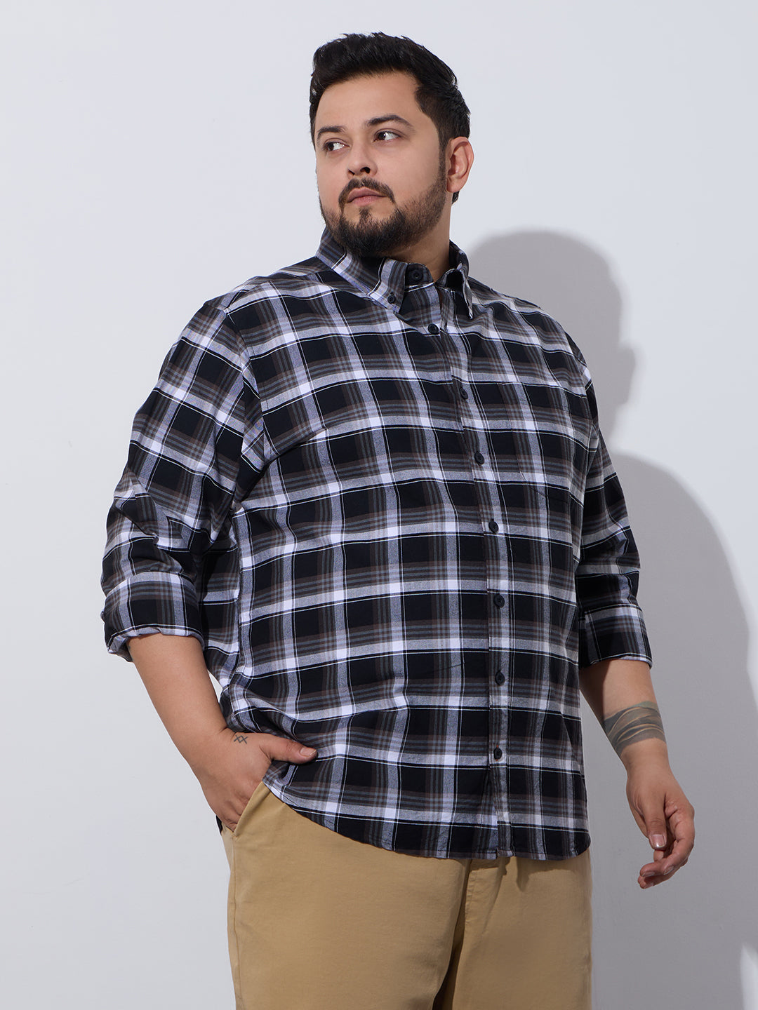 Plus Size Cotton Checks Shirt 1 Pocket Regular Fit Smart Casual Shirt, Style- Plus-1262-black