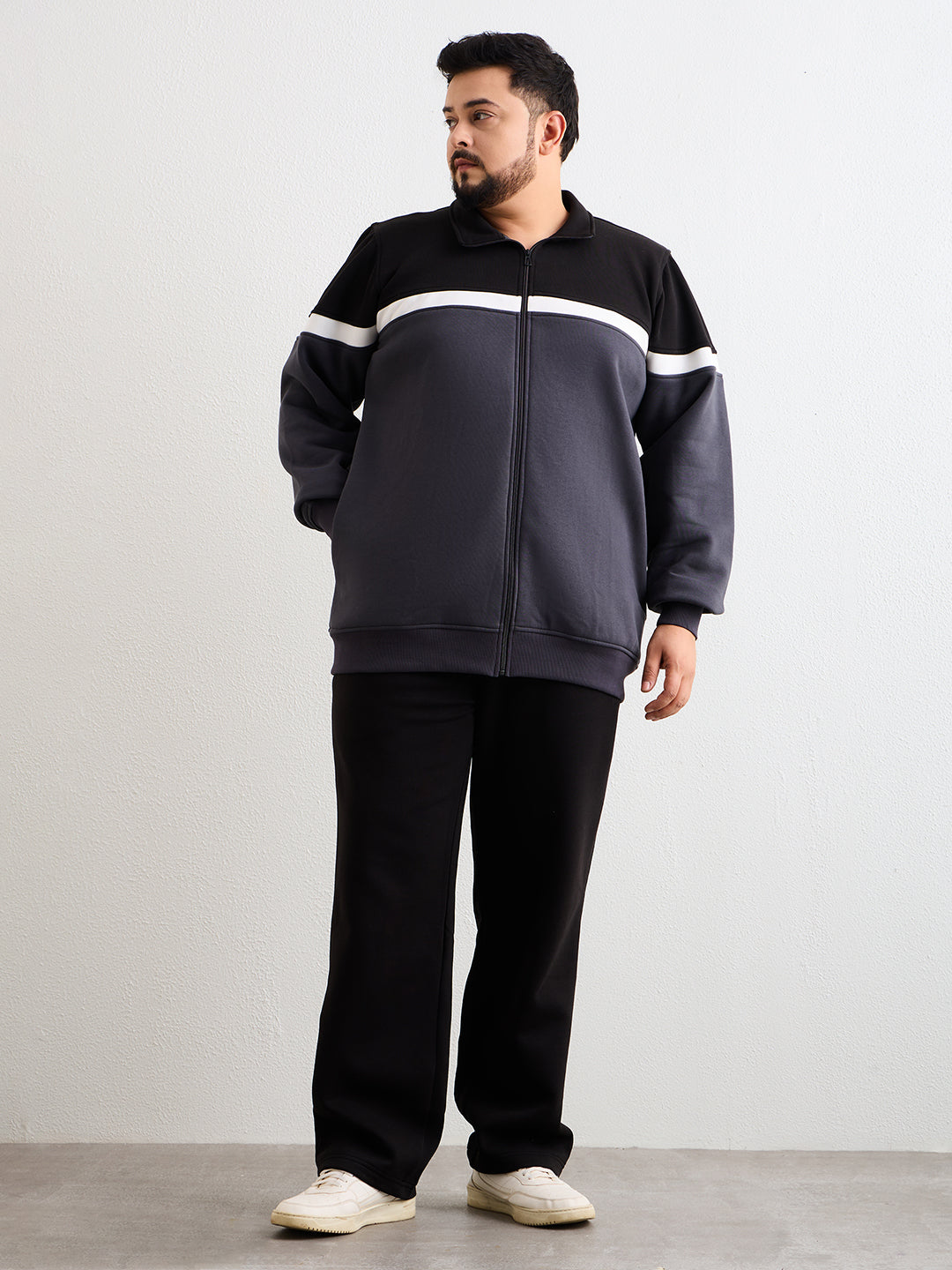 Neon Chillie Men's Plus Size Mock Collar Mid Rise Tracksuit - 751-Black-Grey