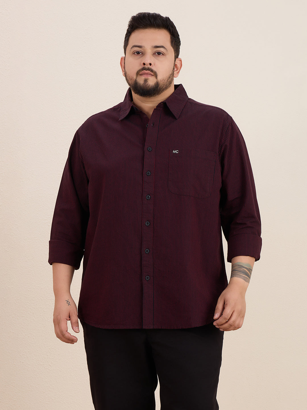 Plus Size Cotton Stripes Shirt 1 Pocket Regular Fit Smart Casual Shirt, Style-1270-Maroon