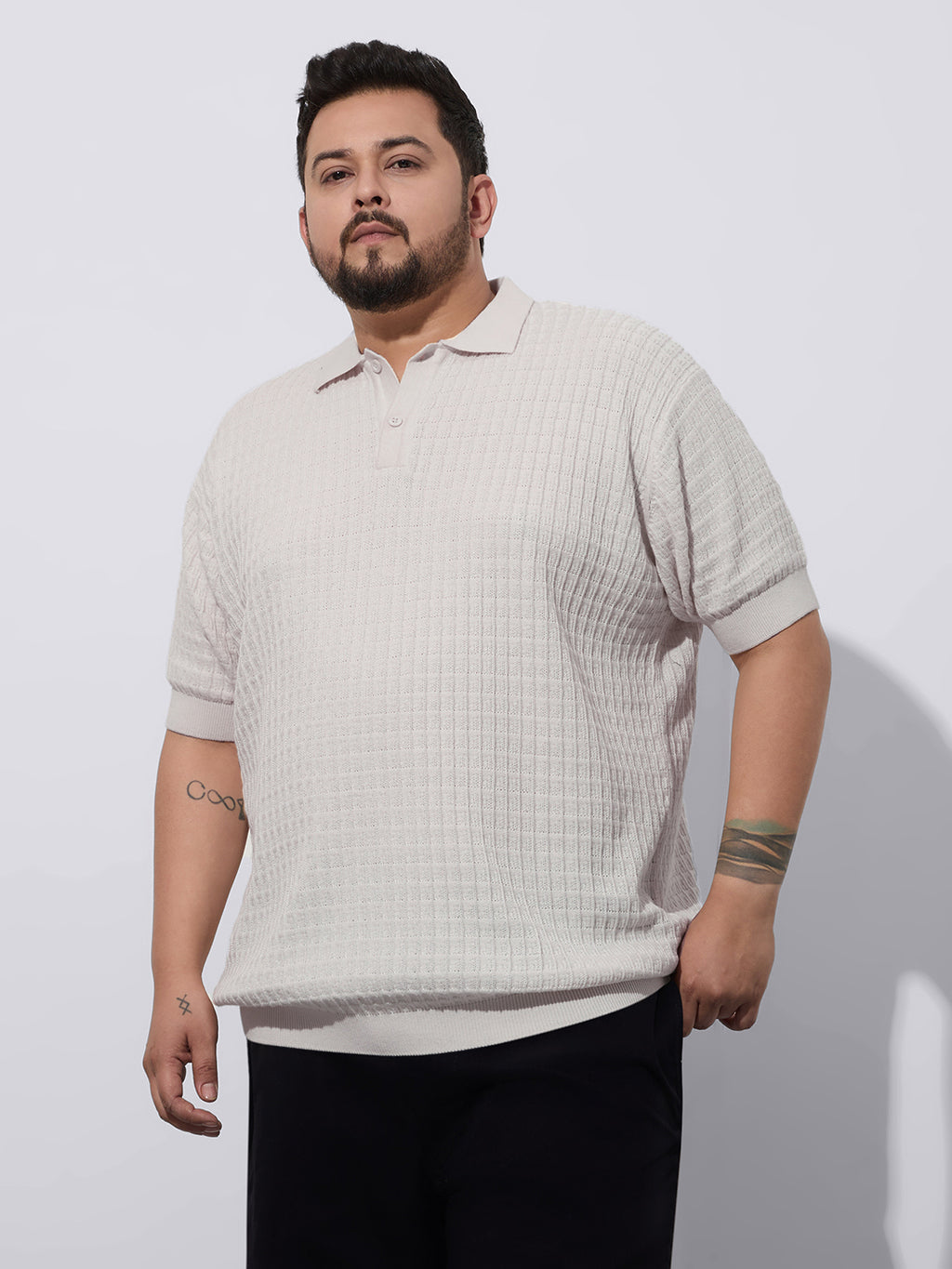 Flat Knit Half sleeve Polo Ribbed T Shirt, Style- NC-Plus-129-Ash-Milange