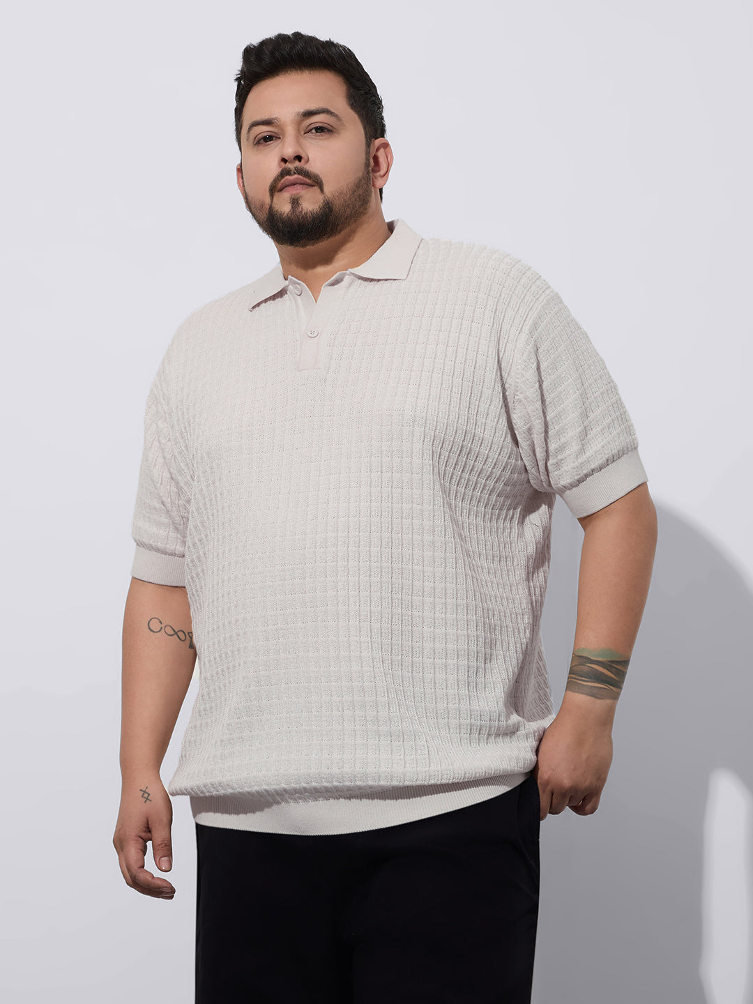 Flat Knit Half sleeve Polo Ribbed T Shirt, Style- NC-Plus-129-Ash-Milange