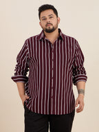 Plus Size Cotton Stripes Shirt 1 Pocket Regular Fit Smart Casual Shirt, Style-Plus-1219-Burgundy
