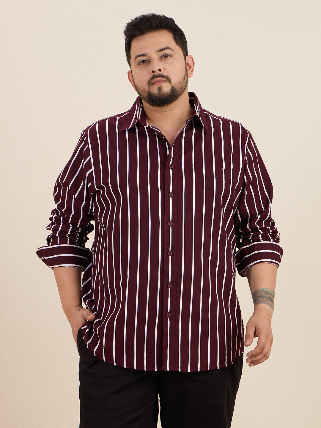 Plus Size Cotton Stripes Shirt 1 Pocket Regular Fit Smart Casual Shirt, Style-Plus-1219-Burgundy