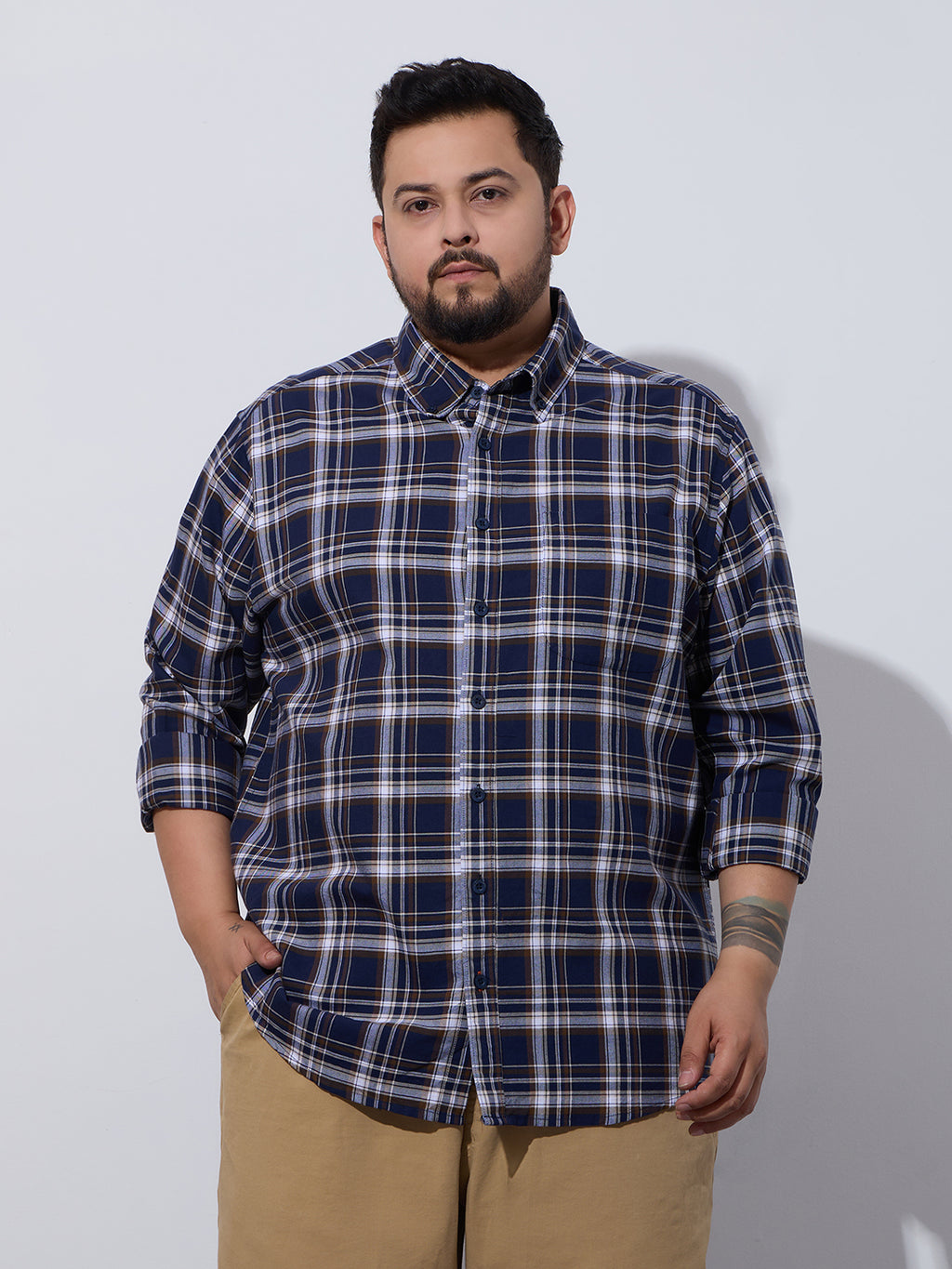 Plus Size Cotton Checks Shirt 1 Pocket Regular Fit Smart Casual Shirt, Style-Plus-1265-Navy