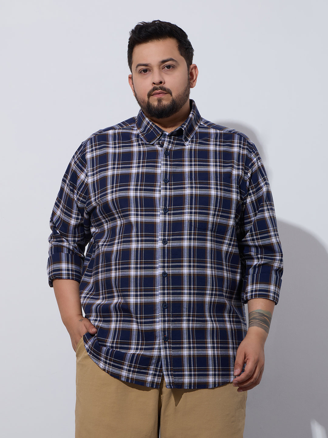 Plus Size Cotton Checks Shirt 1 Pocket Regular Fit Smart Casual Shirt, Style-Plus-1265-Navy