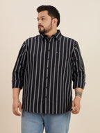 Plus Size Cotton Stripes Shirt 1 Pocket Regular Fit Smart Casual Shirt, Style- Plus-1266-black