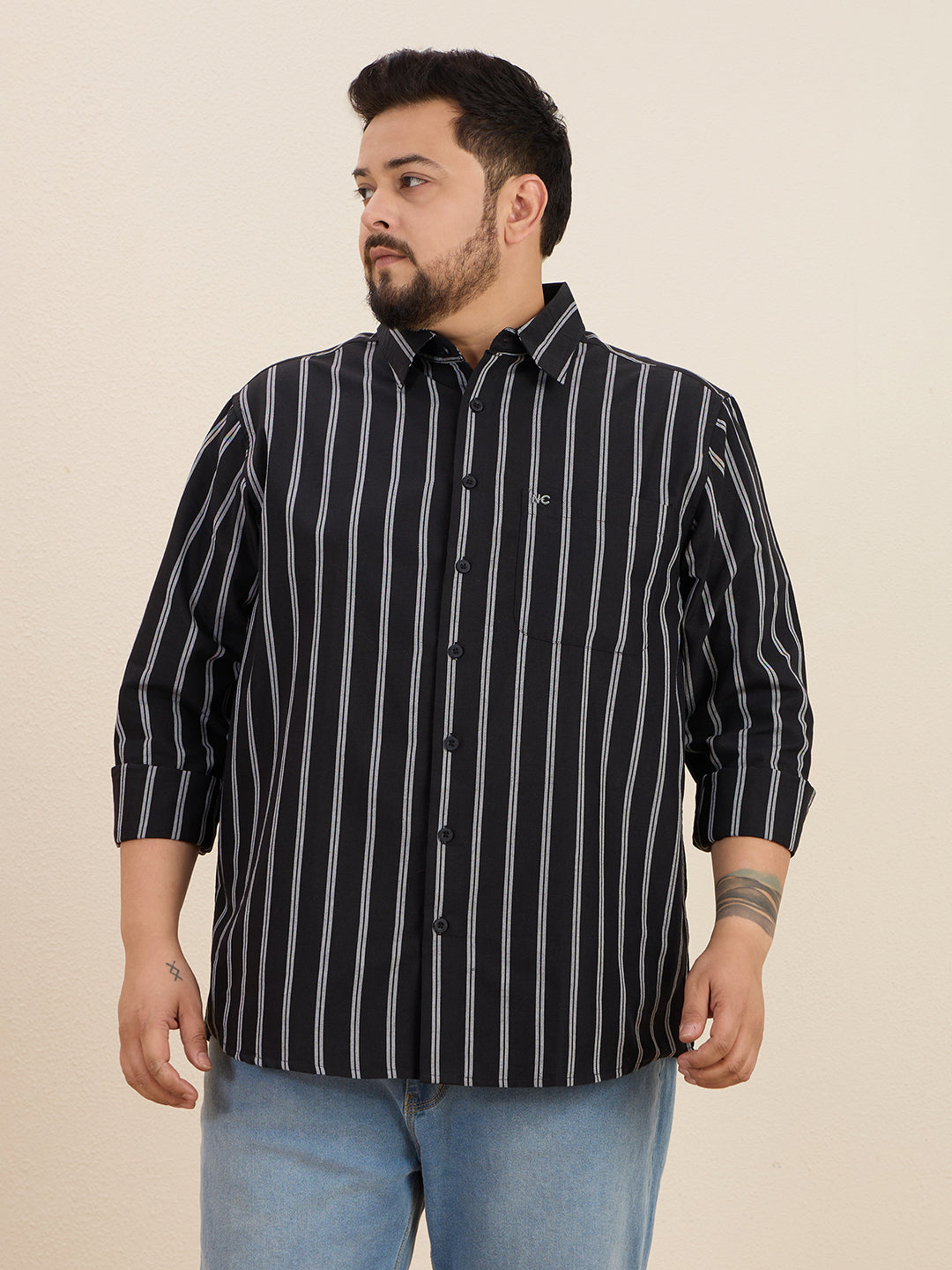 Plus Size Cotton Stripes Shirt 1 Pocket Regular Fit Smart Casual Shirt, Style- Plus-1266-black