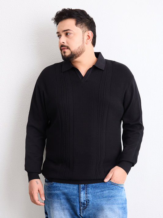 Flat Knit Full Sleeve Polo Ribbed T Shirt  - Black - Style 136