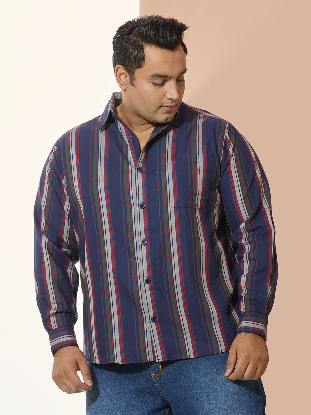 Men Cotton Stripe 1 Pocket Regular Fit Smart Casual Shirt - RedOlive