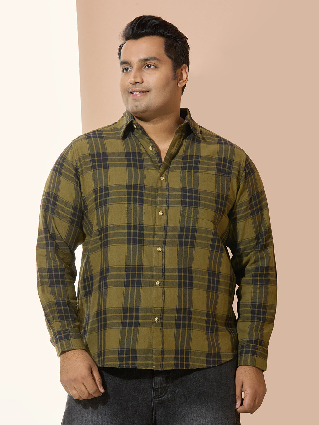 Men Cotton Checks 1 Pocket Regular Fit Smart Casual Shirt - 1228-Olive