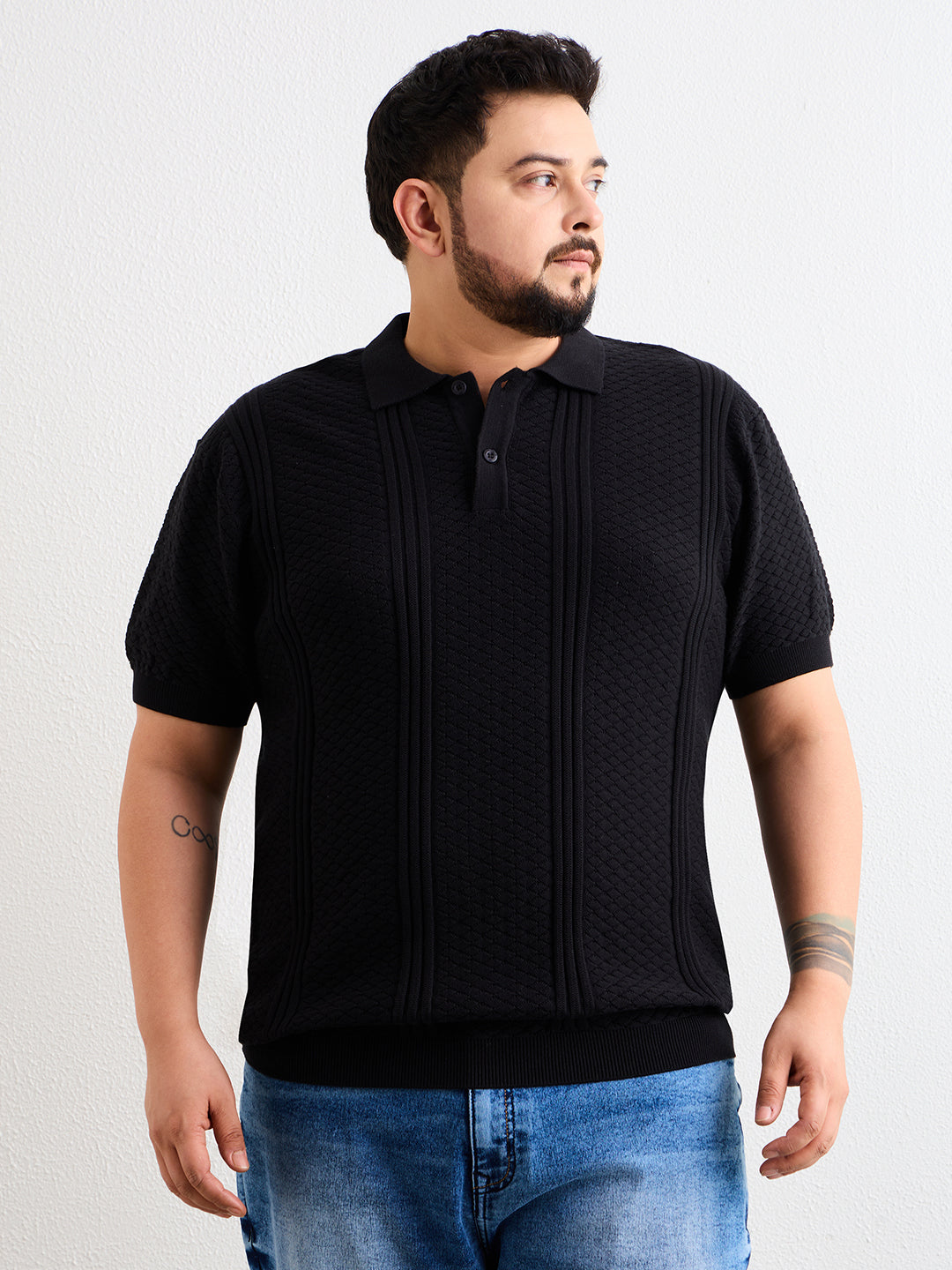 Neon Chillie Men's Plus Size Half Sleeve Polo Ribbed T Shirt - 144-Black