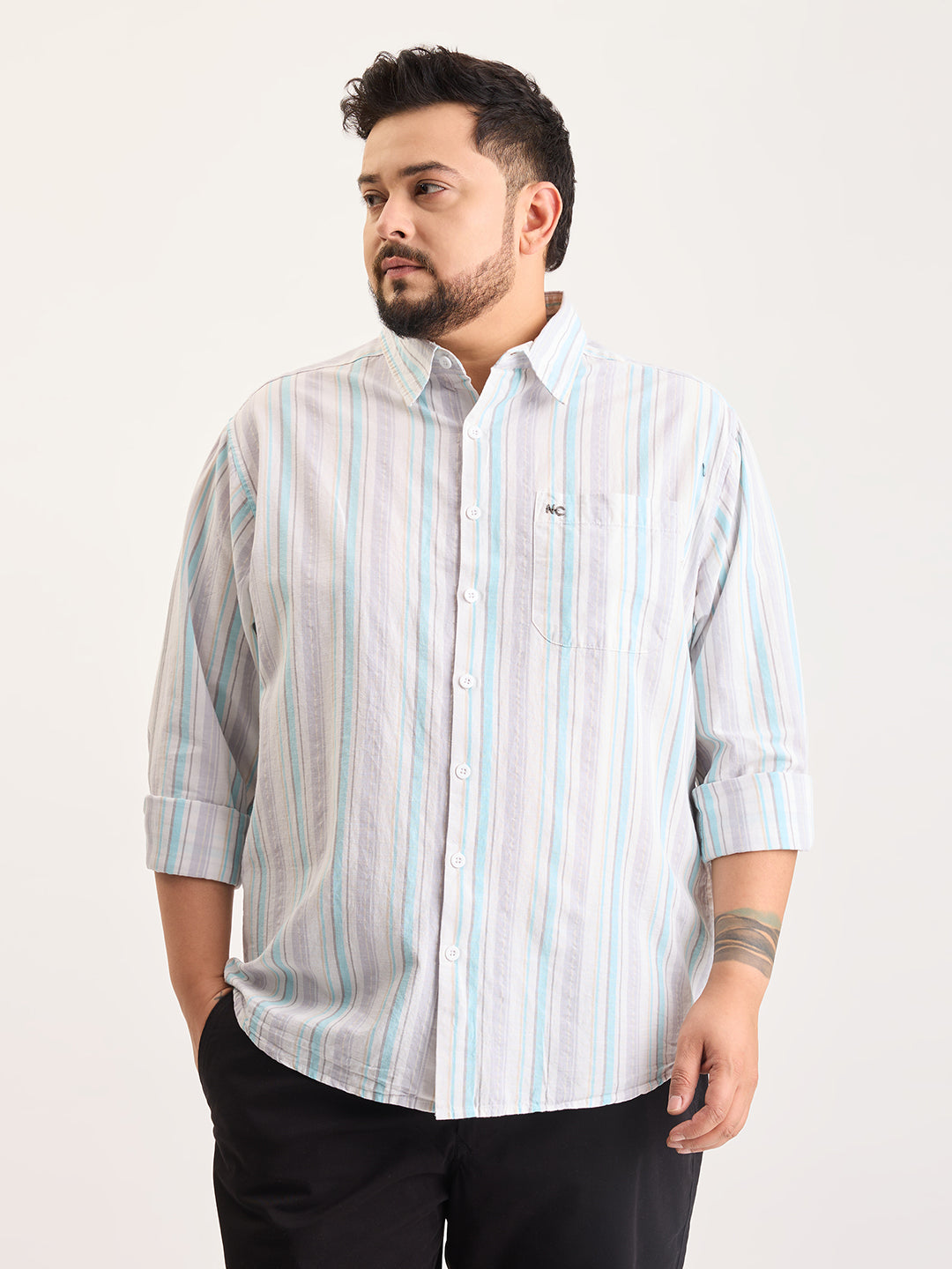 Plus Size Cotton 1 Pocket Regular Fit Smart Casual Shirt  - Aqua Blue - Style 1266