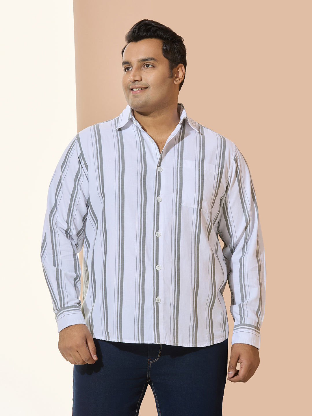 Men Cotton Stripe 1 Pocket Regular Fit Smart Casual Shirt - WhiteGreen