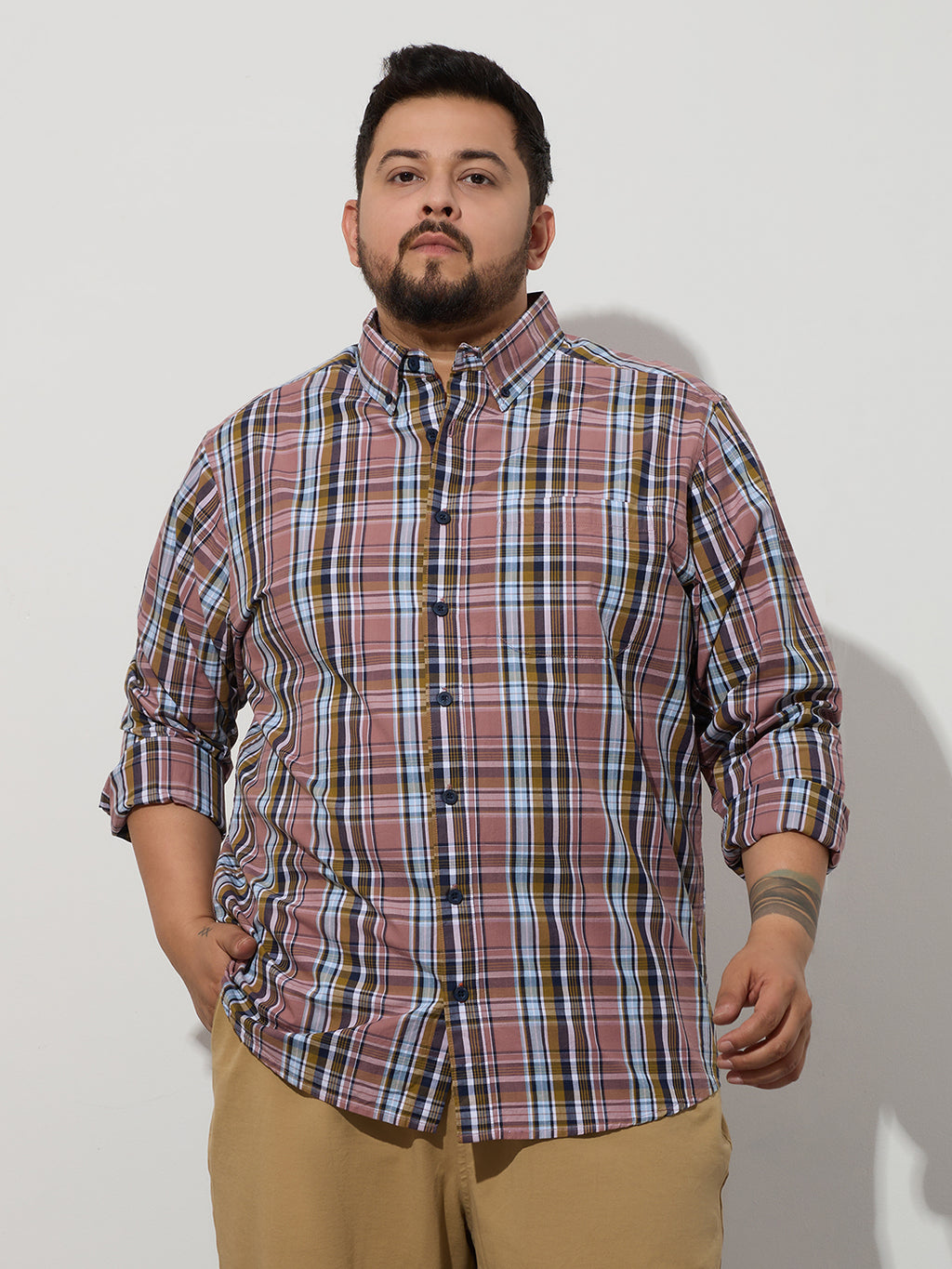 Plus Size Cotton Checks Shirt 1 Pocket Regular Fit Smart Casual Shirt, Style- Plus-1263-Mauve