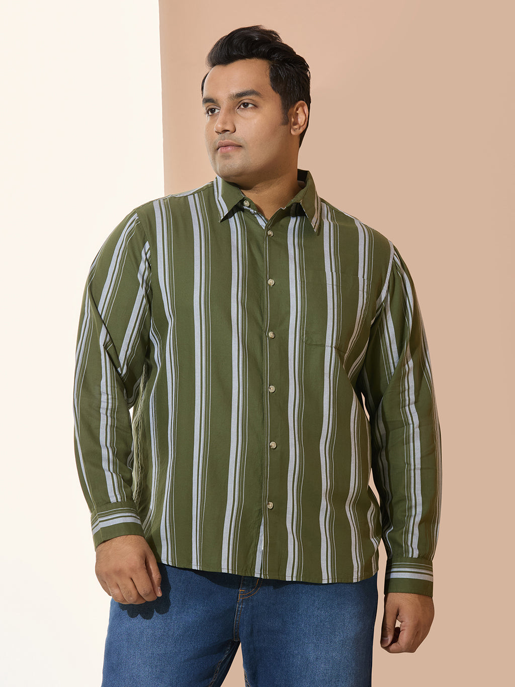 Men Cotton Stripe 1 Pocket Regular Fit Smart Casual Shirt - Olive