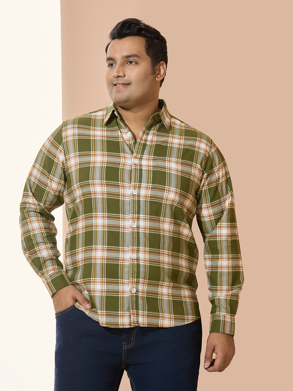 Men Cotton Checks 1 Pocket Regular Fit Smart Casual Shirt - Dark Green