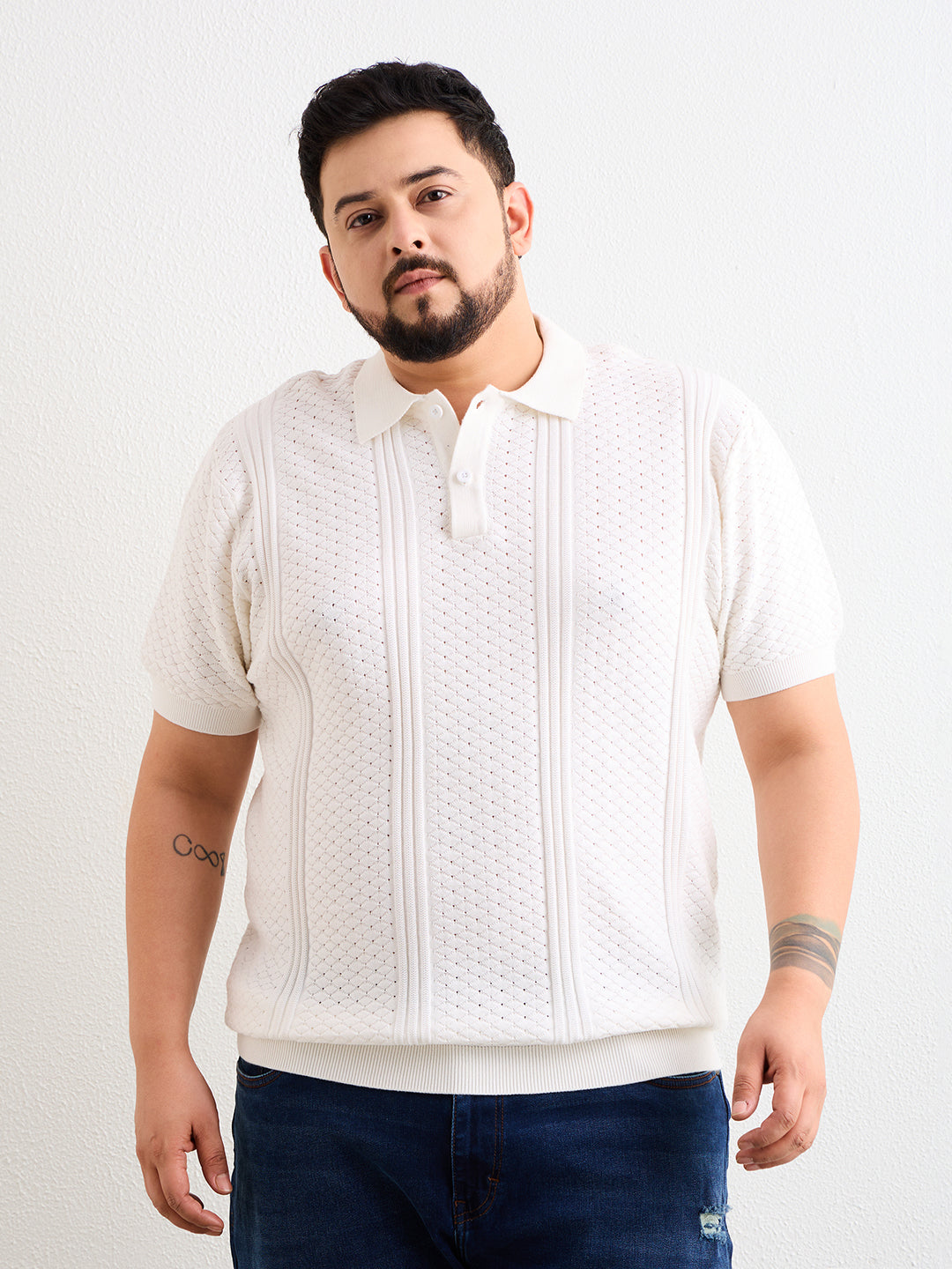 Neon Chillie Men's Plus Size Half Sleeve Polo Ribbed T Shirt - 144-White