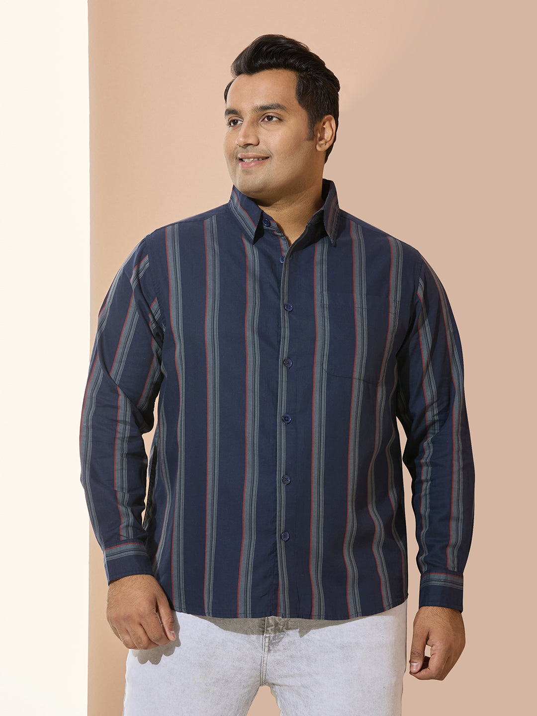 Men Cotton Stripe 1 Pocket Regular Fit Smart Casual Shirt - MaroonIndigo