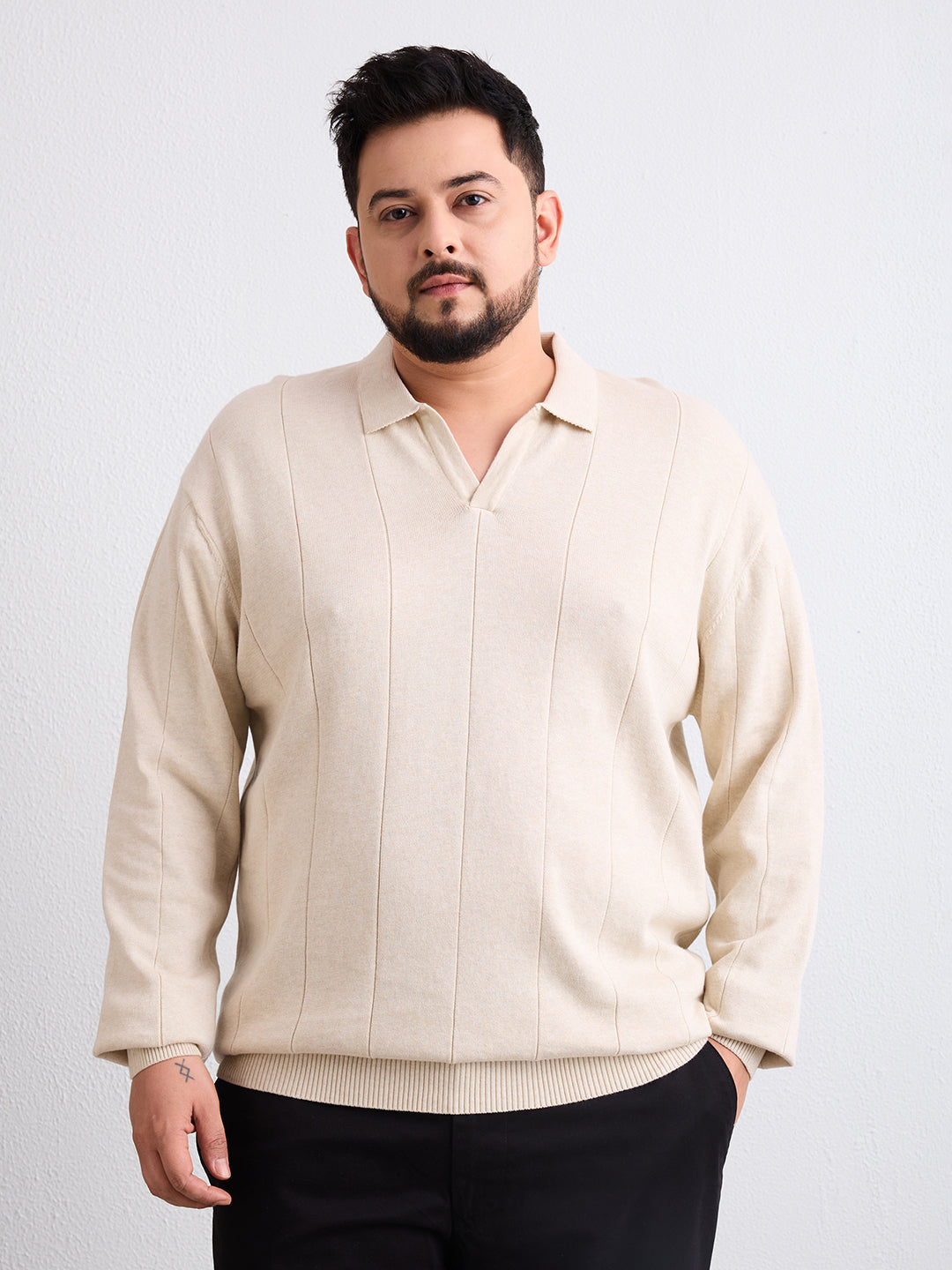Flat Knit Full Sleeve Polo Ribbed T Shirt  - Ash Grey - Style 137