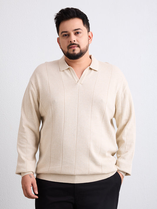 Flat Knit Full Sleeve Polo Ribbed T Shirt  - Ash Grey - Style 137