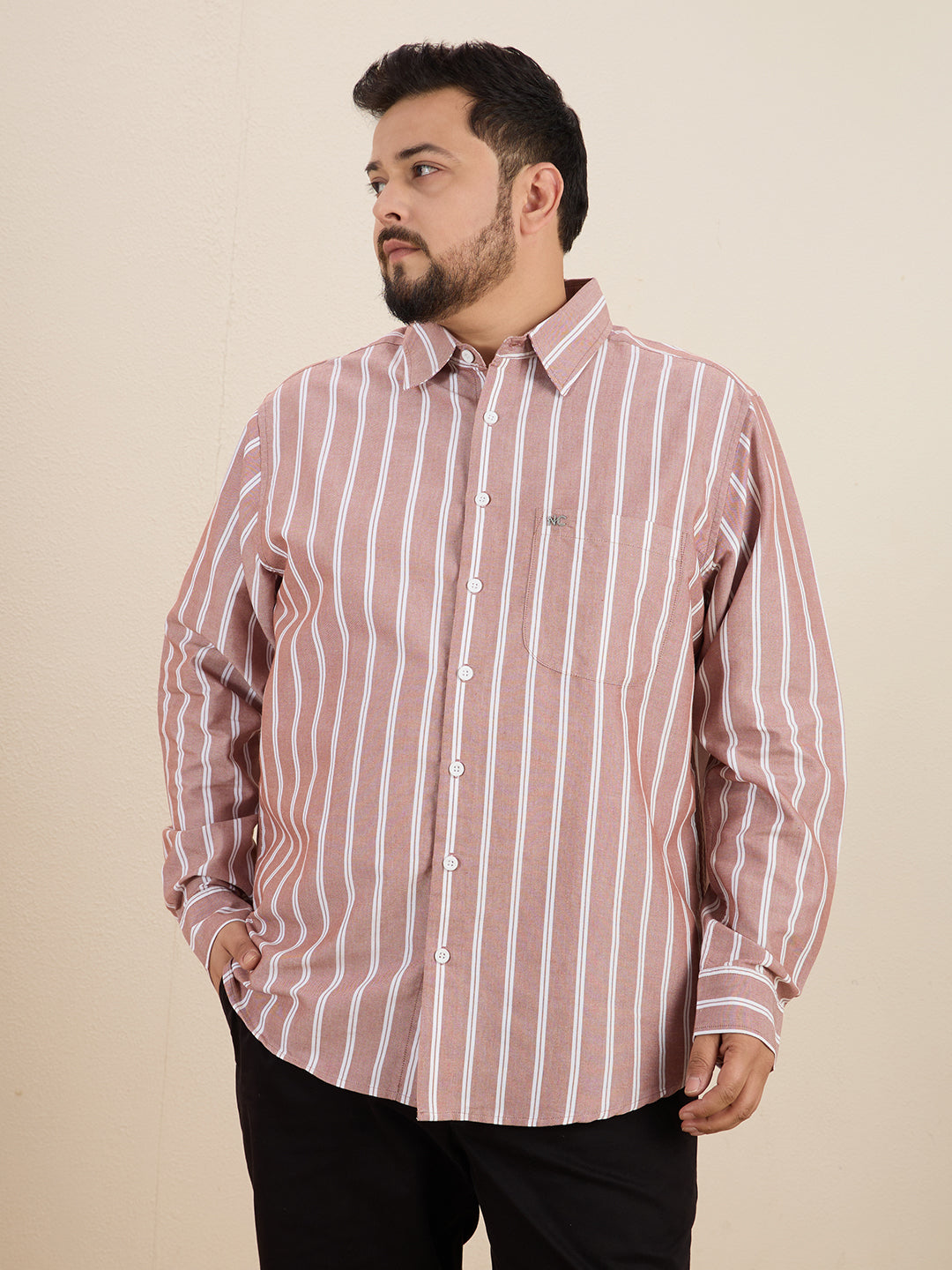 Plus Size Cotton Stripes Shirt 1 Pocket Regular Fit Smart Casual Shirt, Plus-1266-Maroon