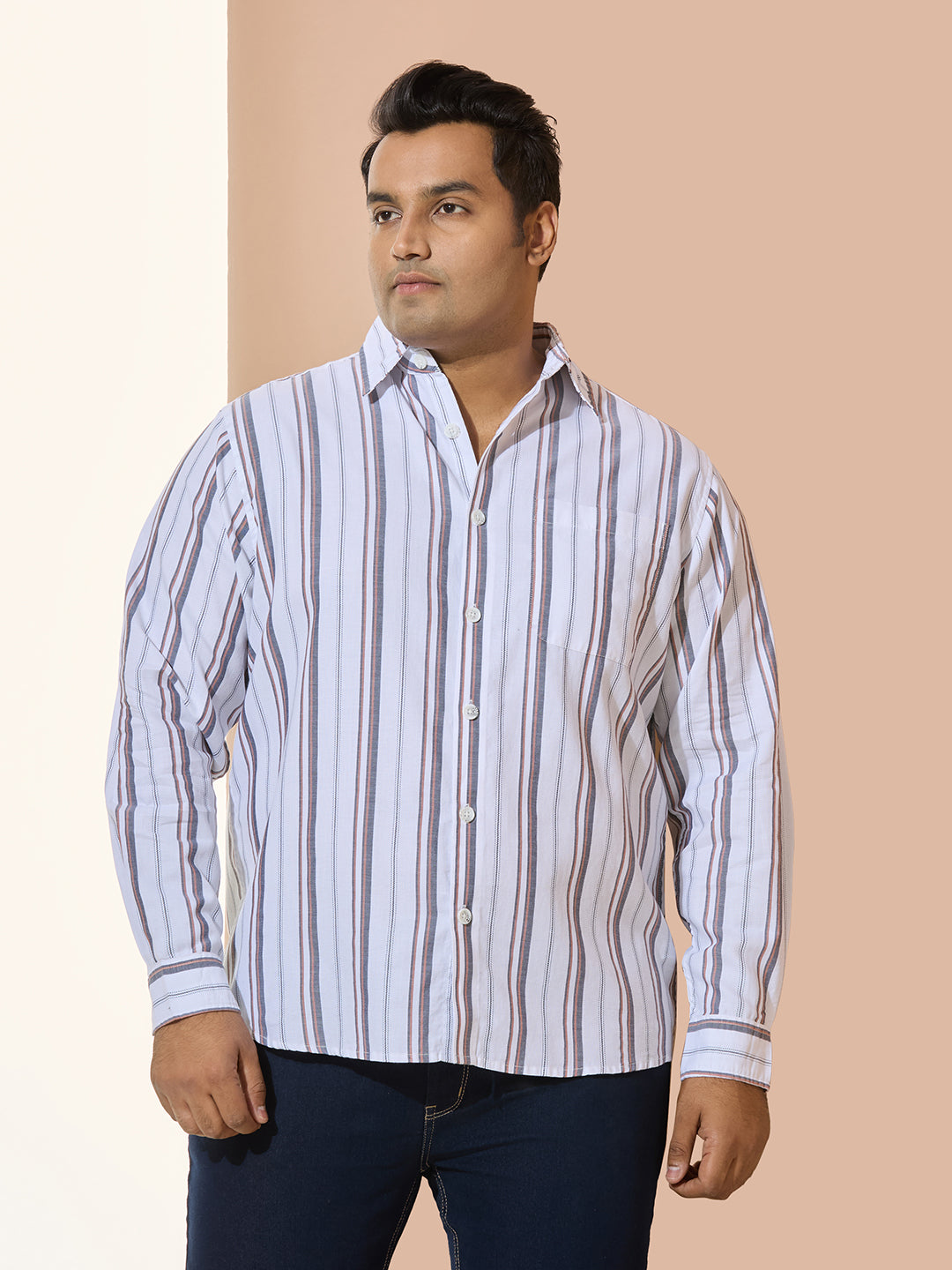 Men Cotton Stripe 1 Pocket Regular Fit Smart Casual Shirt - White-orange