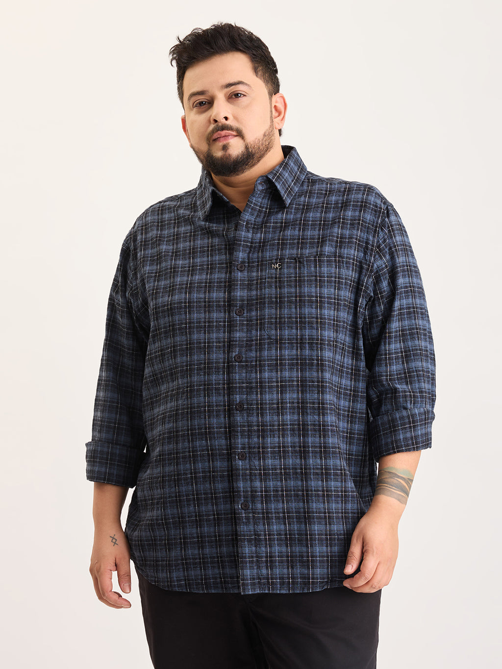 Plus Size Cotton 1 Pocket Regular Fit Smart Casual Shirt  - Blue - Style 1264
