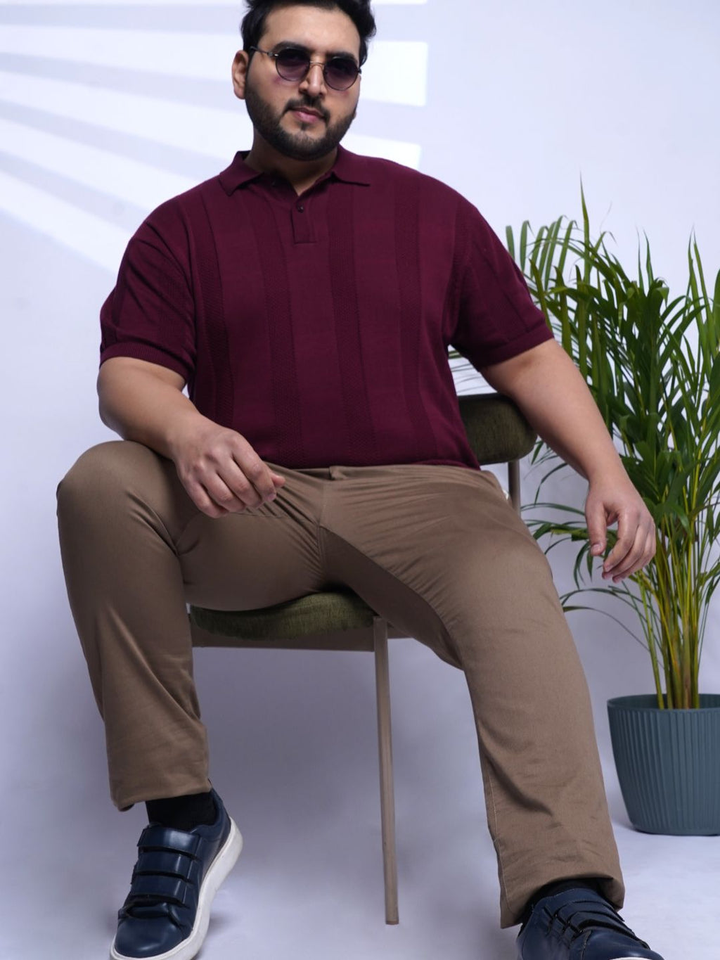 Flat Knit Half sleeve Polo Ribbed T Shirt - NC-Plus-125-Wine