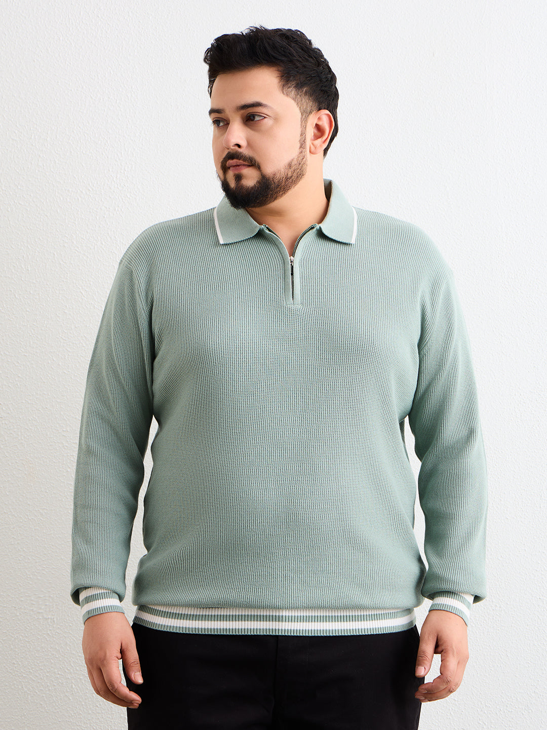 Neon Chillie Men's Plus Size Full Sleeve Polo Ribbed T Shirt -143- Mint