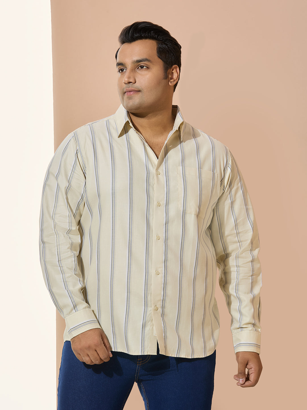 Men Cotton Stripe 1 Pocket Regular Fit Smart Casual Shirt - Yellow