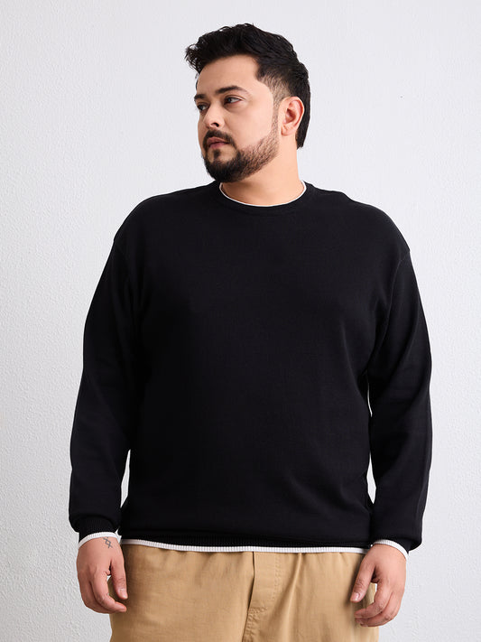 Flat Knit Full Sleeve Polo Ribbed T Shirt  - Black - Style 133