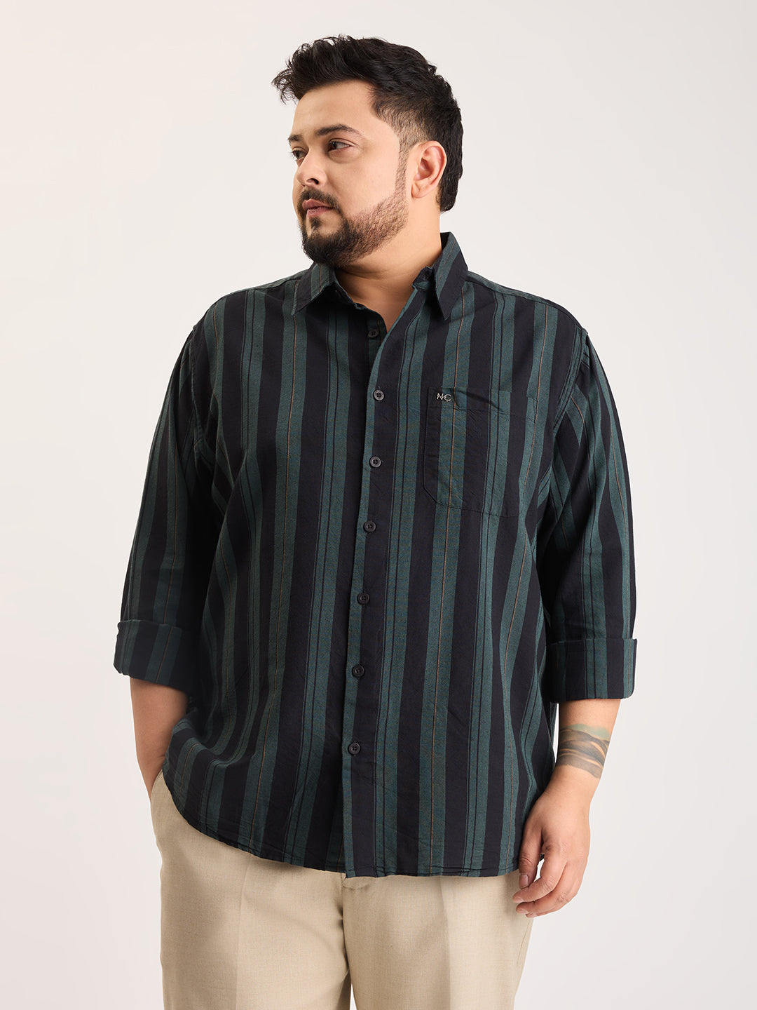 Plus Size Cotton 1 Pocket Regular Fit Smart Casual Shirt  - Dark Green - Style 1268