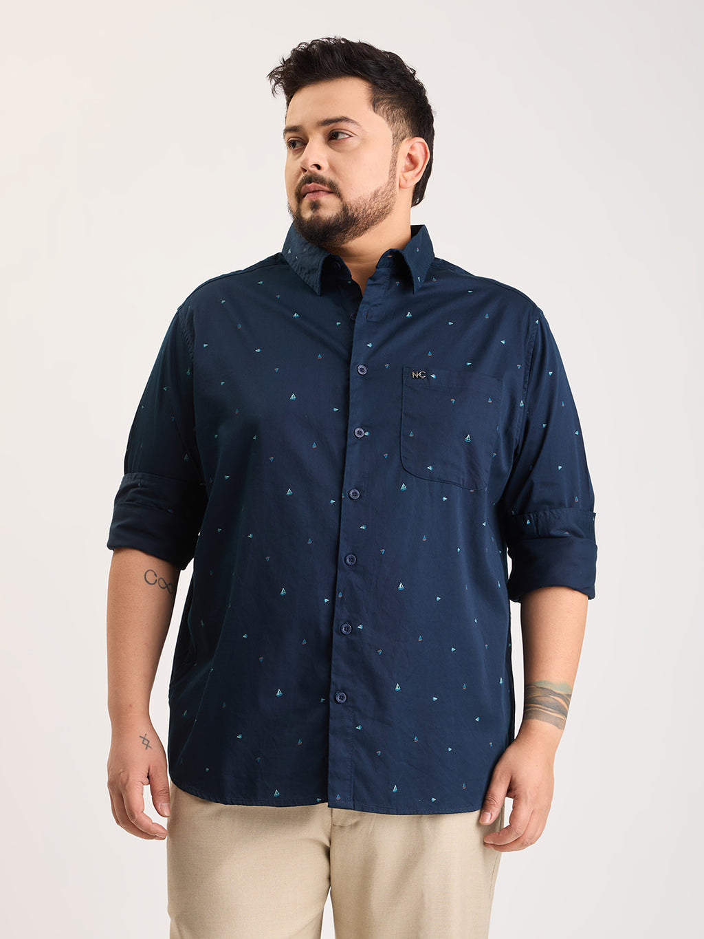 Plus Size Cotton 1 Pocket Regular Fit Smart Casual Shirt  - Navy - Style 1278