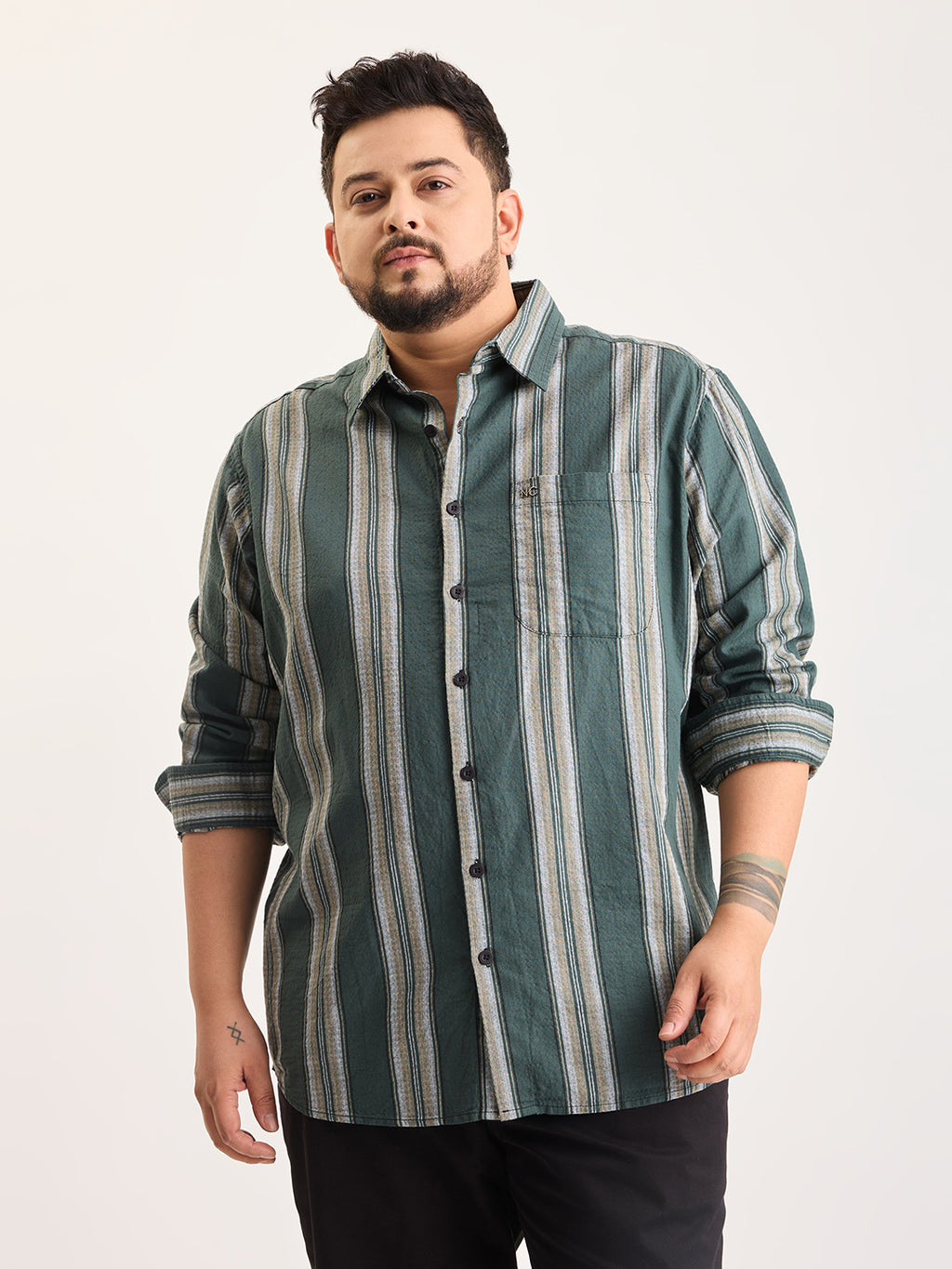 Plus Size Cotton 1 Pocket Regular Fit Smart Casual Shirt  - Green - Style 1269
