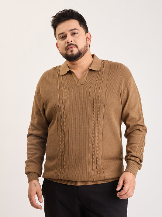 Flat Knit Full Sleeve Polo Ribbed T Shirt  - Khaki - Style 136