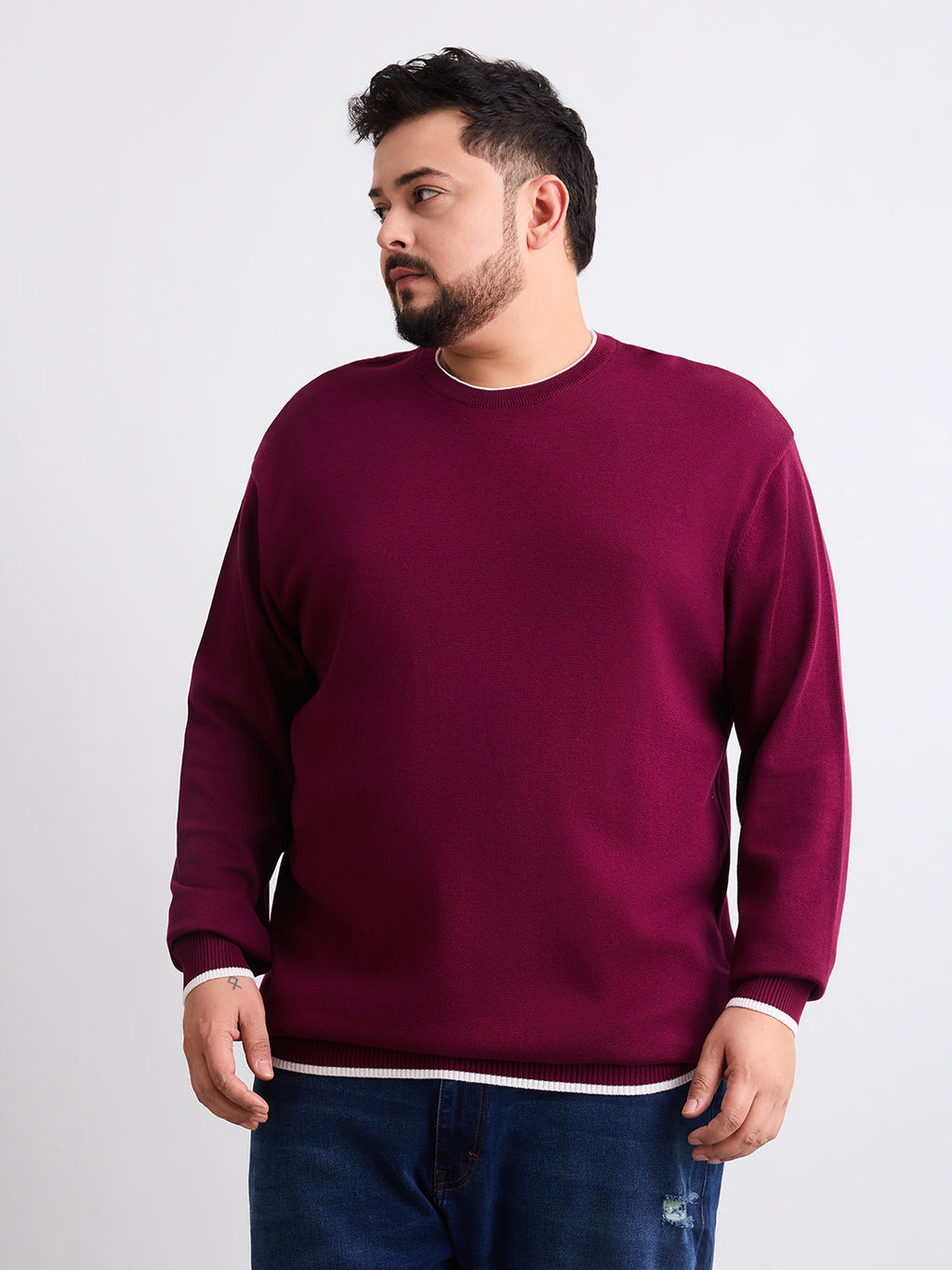 Flat Knit Full Sleeve Polo Ribbed T Shirt  - Maroon - Style 133