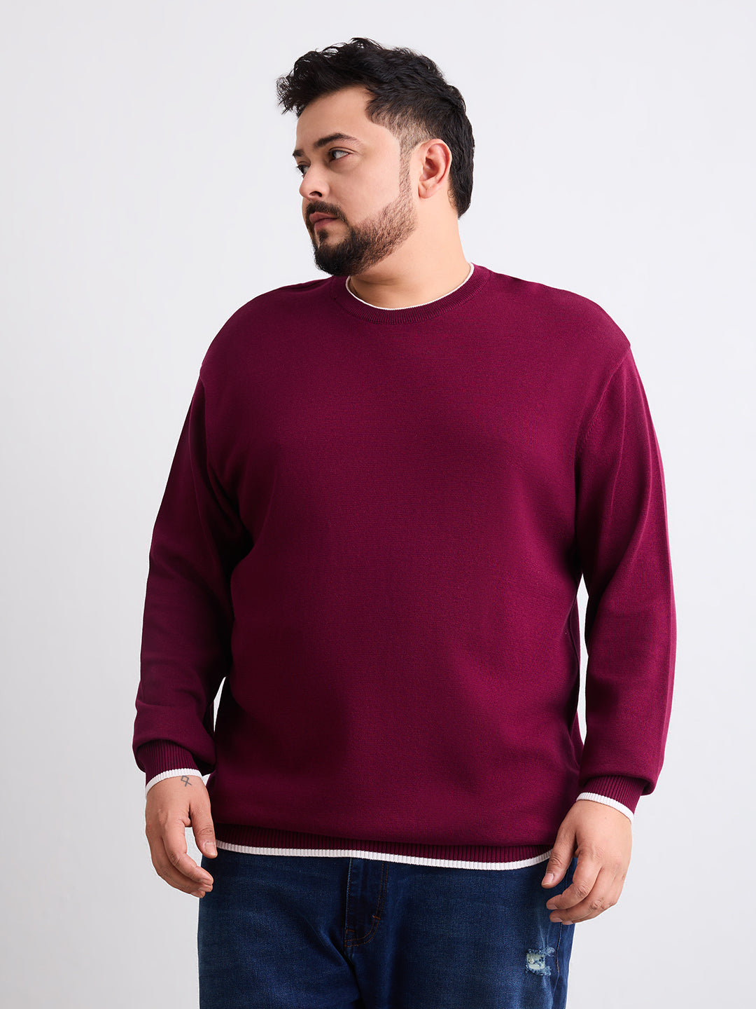 Flat Knit Full Sleeve Polo Ribbed T Shirt  - Maroon - Style 133