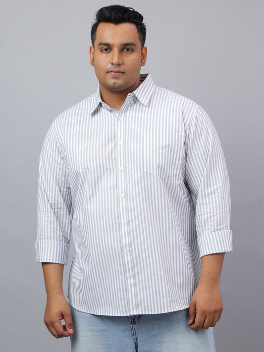 Men Grey Cotton Stripes 1 Pocket Slim Fit Casual Shirt