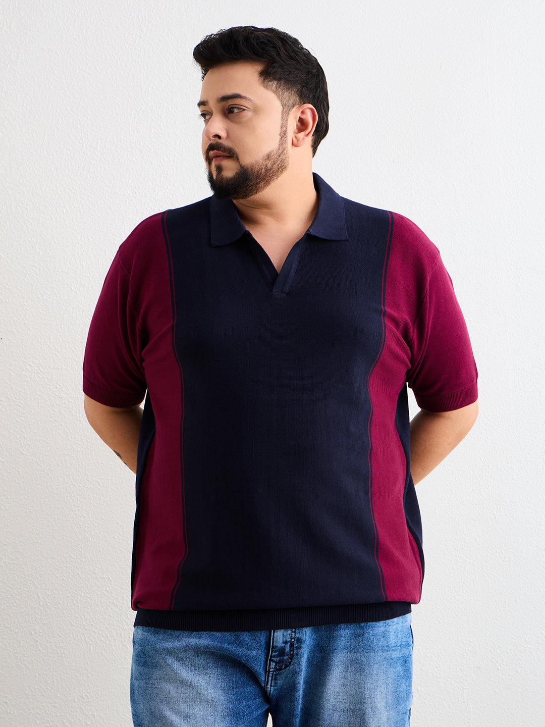 Neon Chillie Men's Plus Size Half Sleeve Polo Ribbed T Shirt - 140-Navy