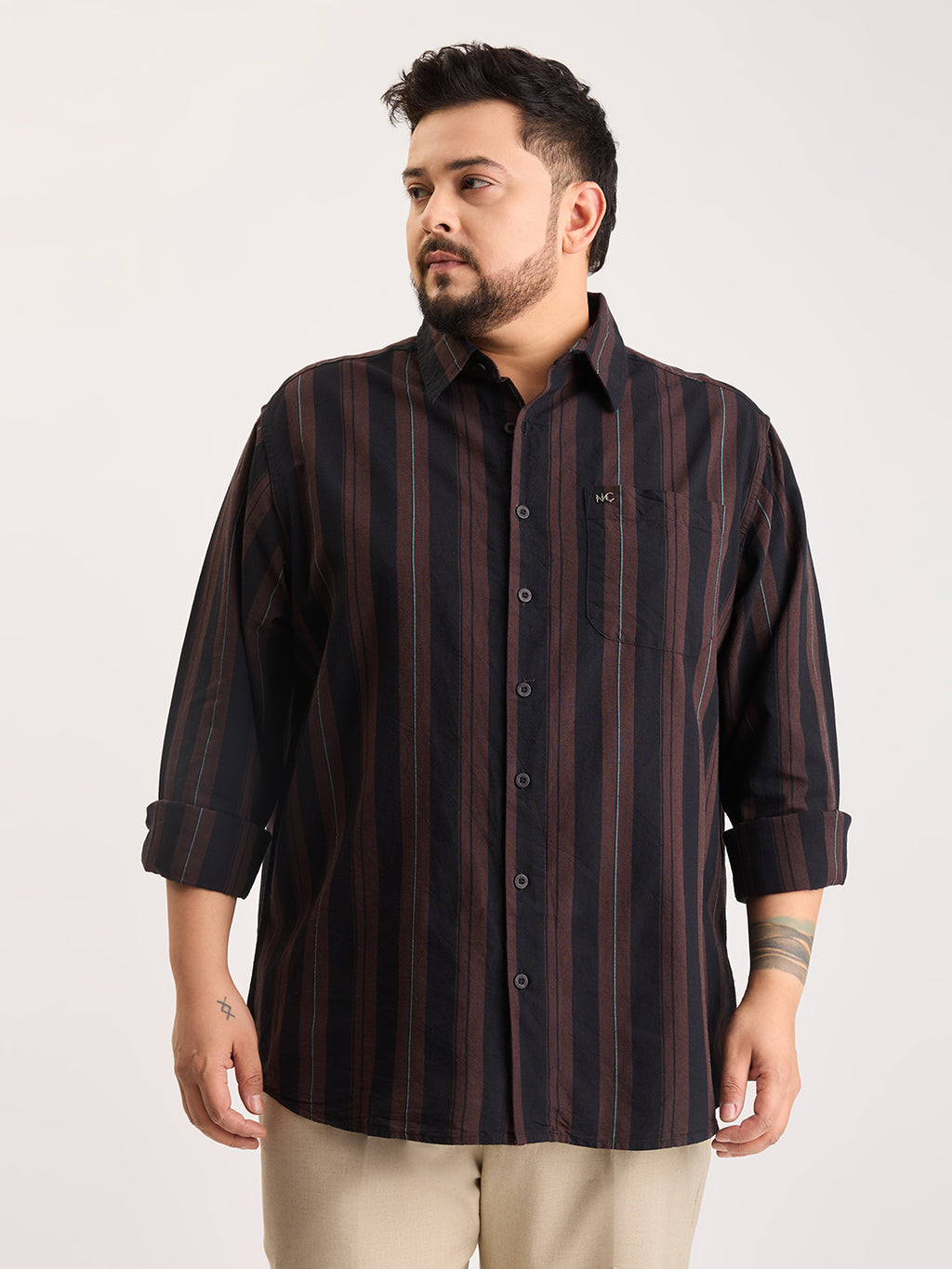 Plus Size Cotton 1 Pocket Regular Fit Smart Casual Shirt  - Coffee - Style 1268