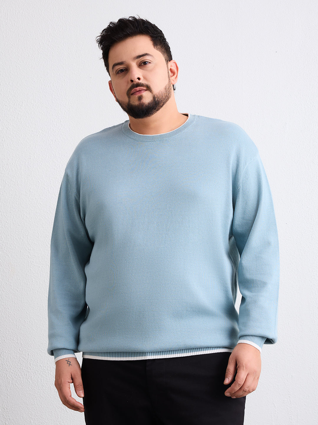 Flat Knit Full Sleeve Polo Ribbed T Shirt  - Light Blue - Style 133