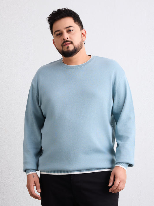 Flat Knit Full Sleeve Polo Ribbed T Shirt  - Light Blue - Style 133