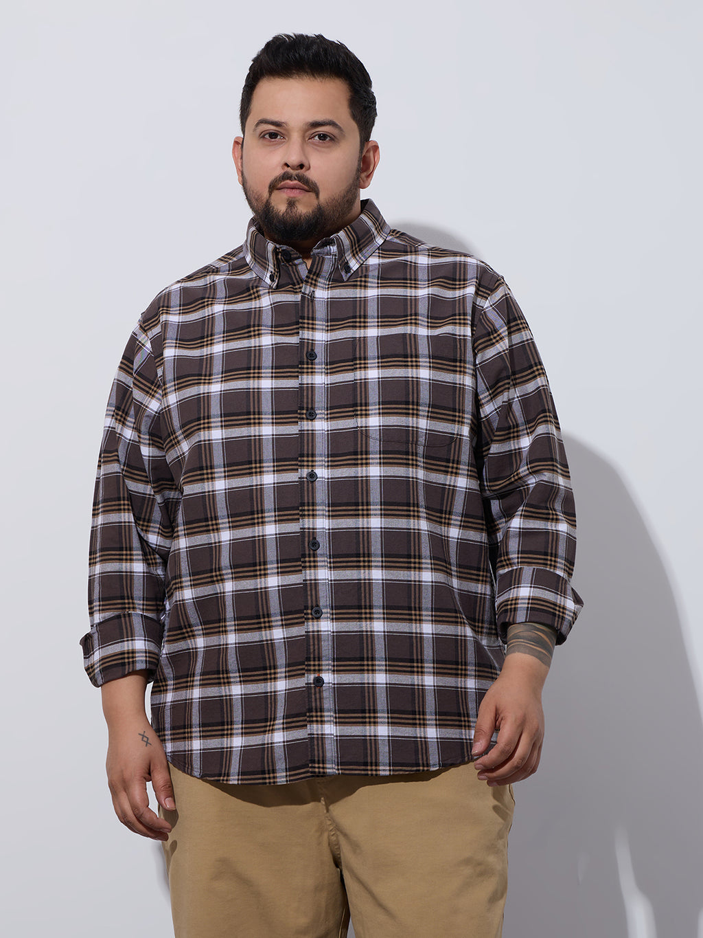Plus Size Cotton Checks Shirt 1 Pocket Regular Fit Smart Casual Shirt, Style- Plus-1262-brown